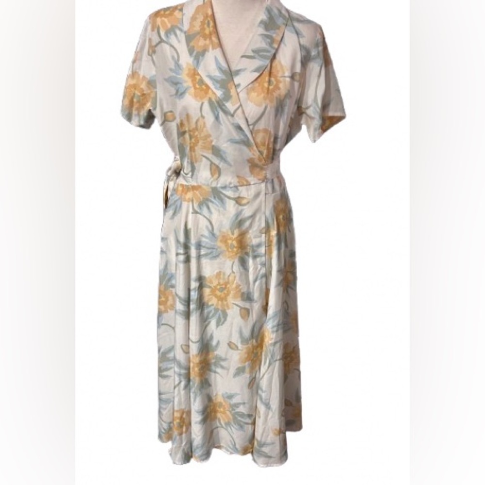 Vintage Floral Wrap Dress Short Sleeved Esprit 3/4 Midi 90s 80s Y2K Peach Blue